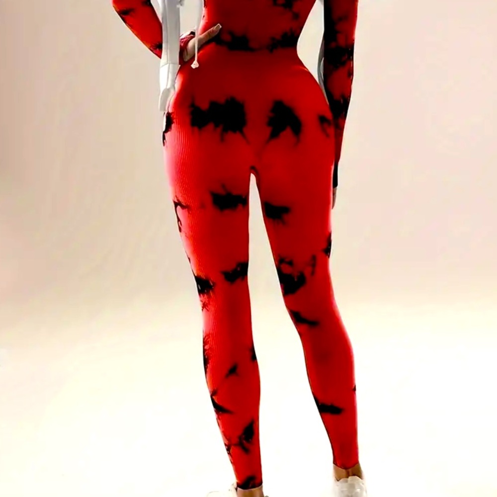 Callie Lives Miz Ribbed Activewear Tie Dye Charcoal or Red Scoop Neck Jumpsuit - Picture 5 of 8